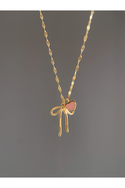 AŞIK ACCESSORIES Paslanmaz Çelik Pembe Kalpli Kurdele Kolye