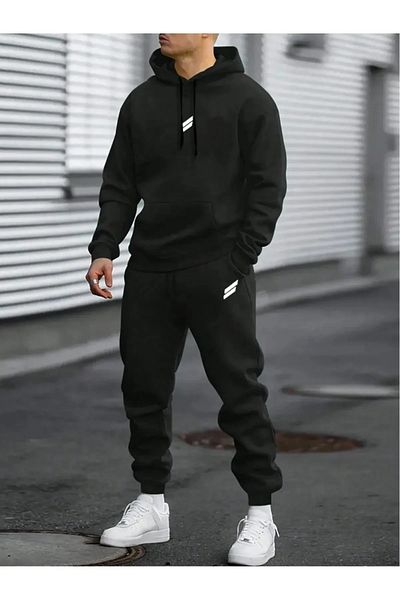 NO 601 Men's Black Double Striped Printed Hooded Tracksuit Set
