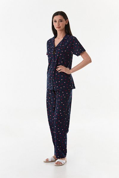 Fulla Moda Heart Patterned Shirt Collar Buttoned Pajamas Set