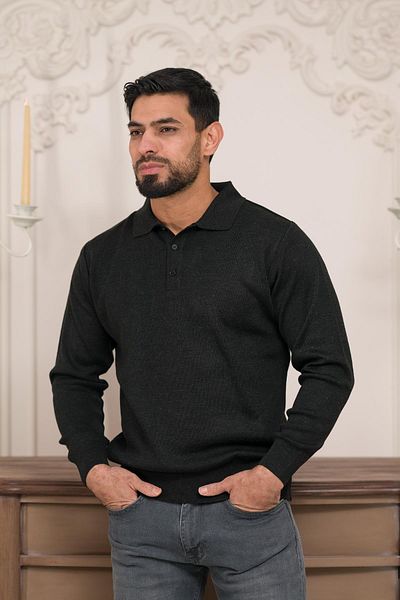 Woolen World Polo Collar Solid Color Woolen Men's Knitwear Sweater