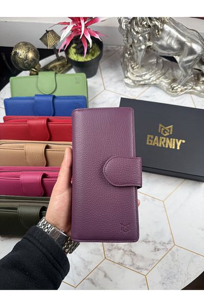 Garniy حامل بطاقات نسائي من الجلد الطبيعي، حامل بطاقات أنيق متعدد الأقسام مع مقصورات للورق والعملات المعدنية، محفظة أرجوانية 38724