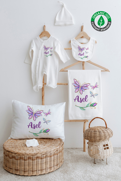 Lilabio %100 Organik Isme Özel Isimli 6lı Hastane Çıkışı Tulum Set Mor Kelebe...