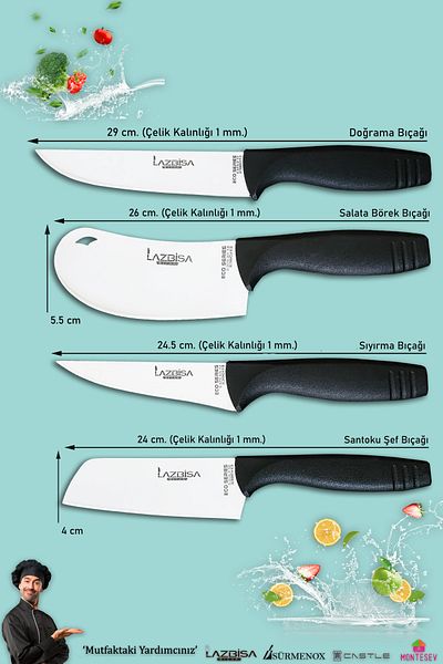 LAZBİSA Eco Series Kitchen Knife Set Meat Bread Vegetable Salad Pizza Dumpling Chef Knife Set of 4