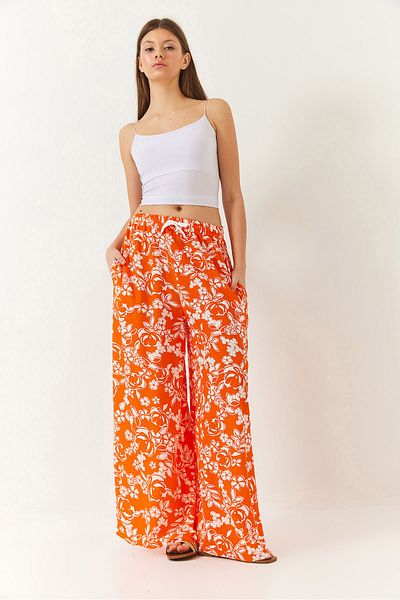 Bianco Lucci Women's Elastic Waist Tie Patterned Pocket Viscose Palazzo Trousers 60261433