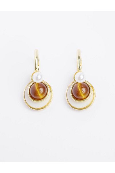 Jimmy Key Brown Round Form Pearl Detailed Earrings