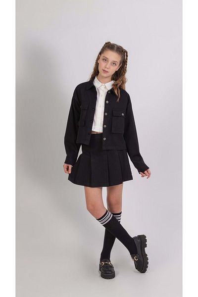 wakawakakidsstore Stone Printed Shirt Buckle Detailed Shorts Skirt Denim Jacket Girls' 3-Piece Set
