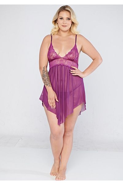 PRIMODA Fancy Plus Size Short Sexy See-Through Panty Tulle Lace Fancy Nightgown