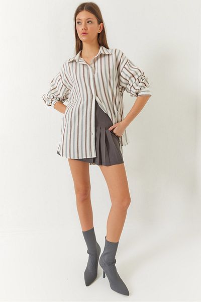 Bianco Lucci Γυναικείο λινό Oversize ριγέ Basic πουκάμισο 60261417
