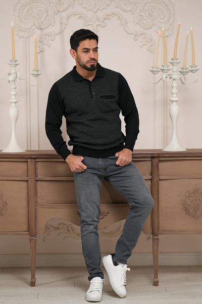 Woolen World Pulover tricot pentru bărbați din lână Dobby cu buzunar cu gât polo