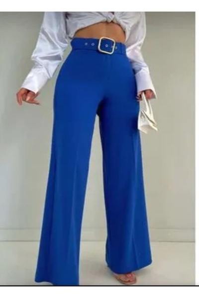 MODA Mavi kemerli bol paça paloza kesim kumaş pantolon