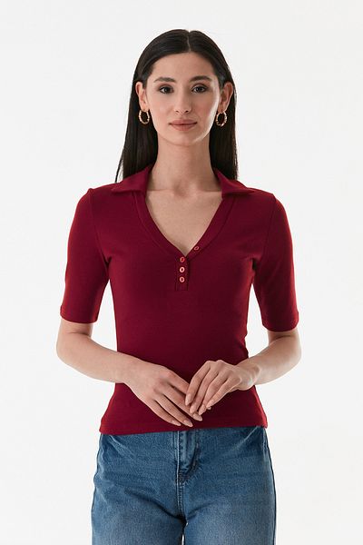 Fulla Moda Bluză din lycra cu guler polo cu nasturi în față