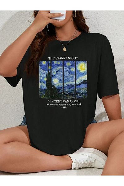 pandy Unisex Van Gogh Starry Night Printed Oversize Short Sleeve T-Shirt