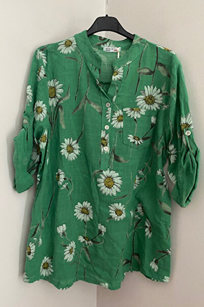 AYASOFYA OTANTIK Kadın İtalyan Yeşil Papatya Desenli Düğme Detaylı Katlanan Yetim Kollu %100 Pamuk Bluz Gömlek