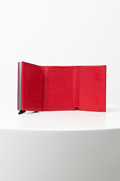 BAYDERİ Genuine Leather Red Mechanical Card Holder Wallet