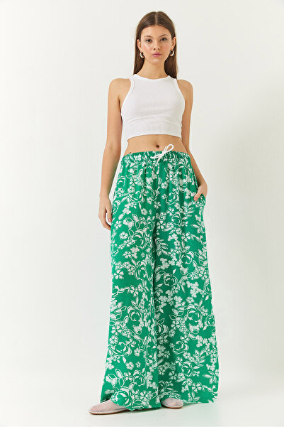 Bianco Lucci Women's Elastic Waist Tie Patterned Pocket Viscose Palazzo Trousers 60261433