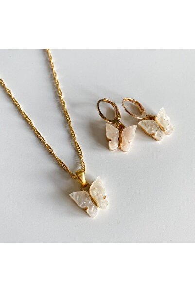 Venus Design Krem Kelebek Kolye-küpe Set
