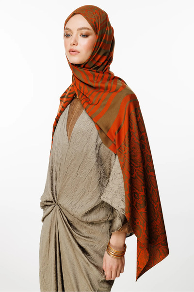 Mooncorn Riad Pattern Double Sided Shawl Dark Khaki-Cinnamon