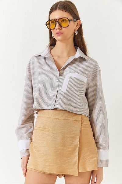 Bianco Lucci Women's Striped Garni Pocket Detailed Long Sleeve Crop Shirt 4469 60261423