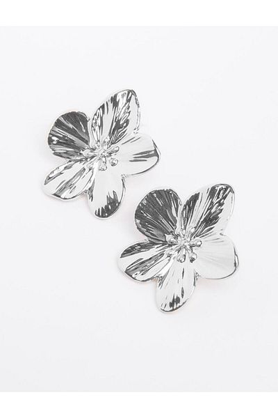 Jimmy Key Silver Color Shiny Flower Figured Elegant Earrings