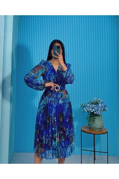 sunfyre Women V-Neck Long Sleeve Patterned Chiffon Fabric Lined Waist Elastic Belt Midi Length Dress