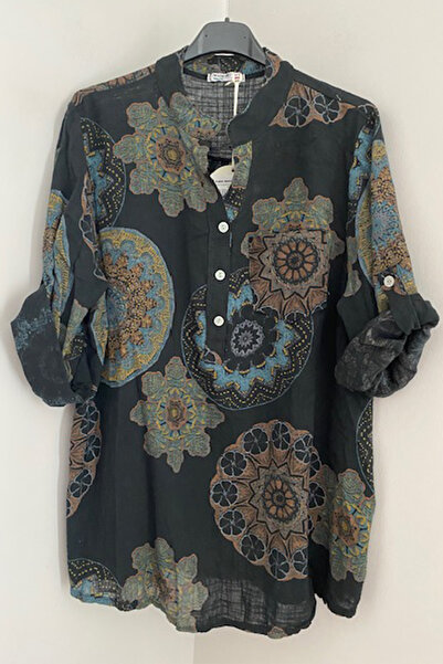 AYASOFYA OTANTIK قميص نسائي إيطالي أسود بنمط ماندالا بأزرار وأكمام قصيرة قابلة للطي 100% قطن