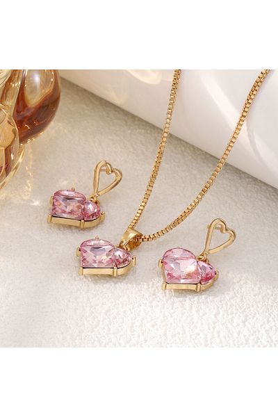 Choice 5722501HB 3pcs Trendy Y2k Heart-shaped Zircon Pink Crystal Pendant Earrings Necklaces Set for Women