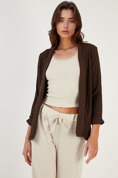 Lela Seersucker Kimono Cardigan with Folded Collar and Sleeves Cardigan 5869014
