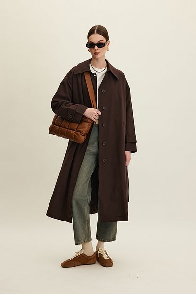 Manuka Πικρό καφέ Χρώμα Oversize Gabardine Trench Coat - Ζώνη