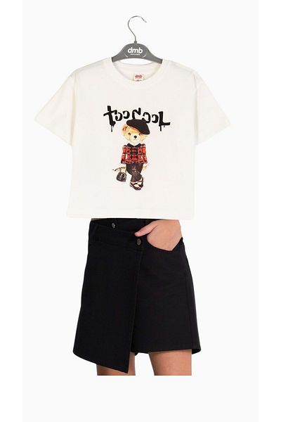 wakawakakidsstore Set pentru fete cu tricou cu imprimeu ursuleț, pantaloni scurți din denim și fuste