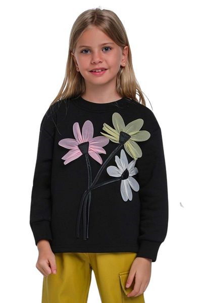 wakawakakidsstore Flower Appliqued Crew Neck Girl's Sweat