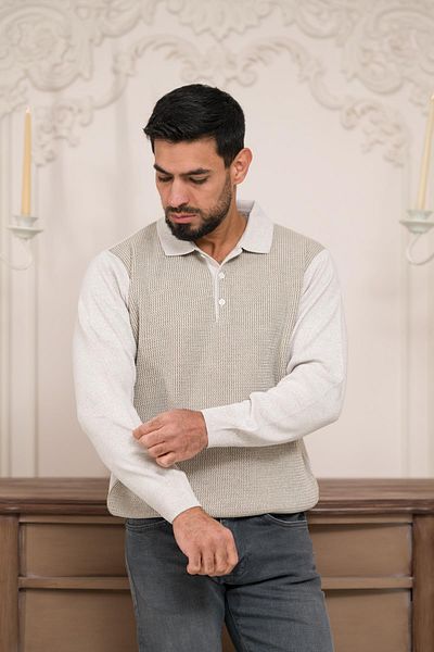 Woolen World Ανδρικό πλεκτό πουλόβερ με γιακά Polo Dobby Wool