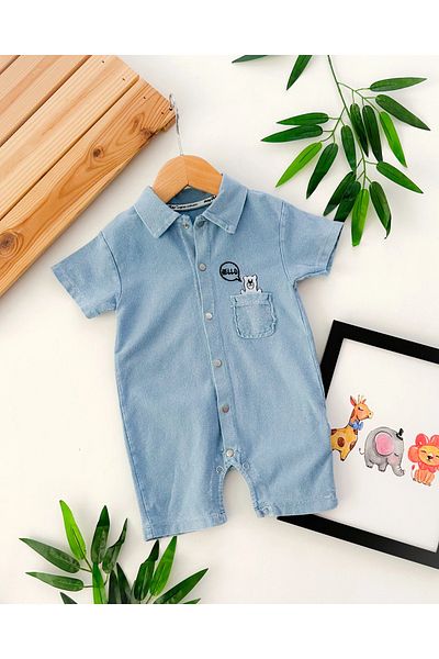 hümabebe Hello Bear Tall Snap Fastener Knitted Denim Fabric Summer Jumpsuit