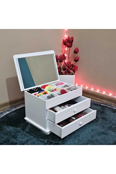 Tekir Store evinizi güzelleştirin Ahşap Aynalı 2 Çekmeceli Bölmeli Dekoratif Dolap Takı Saat Kutusu Çok Amaçlı Organizer Lake Boyalı