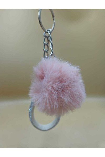 dizaynpark Silver Angel Keychain, Tiny Pompom and Pink Pompom