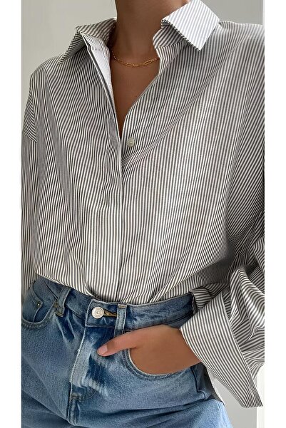 King Brothers New Season Colorful Boyfriend Oversize Black Striped Shirt