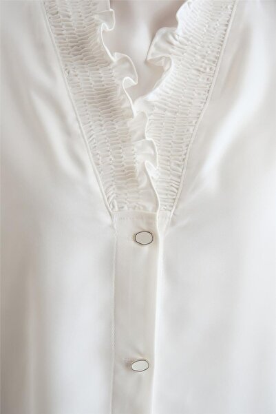 Armine Yakası Büzgülü Saten Gömlek 24y3504 Ekru