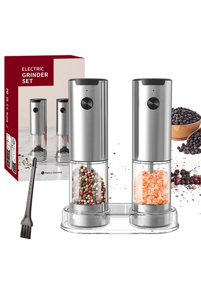 FLYMUYU 2Pcs Metal Shell Electric Salt And Pepper Grinder With Adjustable Coarseness Refillable Mills Batter