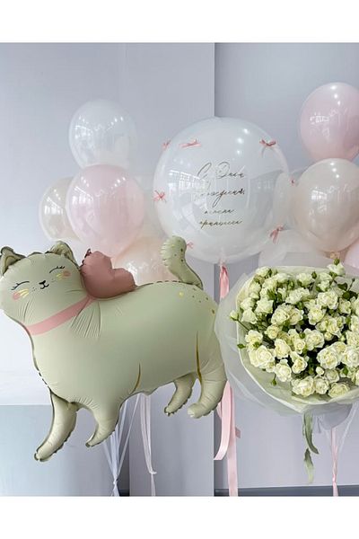 Çemrek Süs Parti Pink White Beige Balloon Bundle with Cat Foil Balloons 12 Pcs