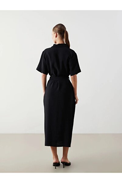 LC Waikiki Dámské košilové šaty LCWAIKIKI Classic Black s krátkým rukávem