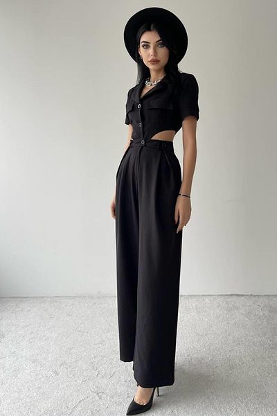 bayansepeti Black Atlas Jumpsuit with Shirt Collar and Low-Cut Detail - Short Sleeve 320