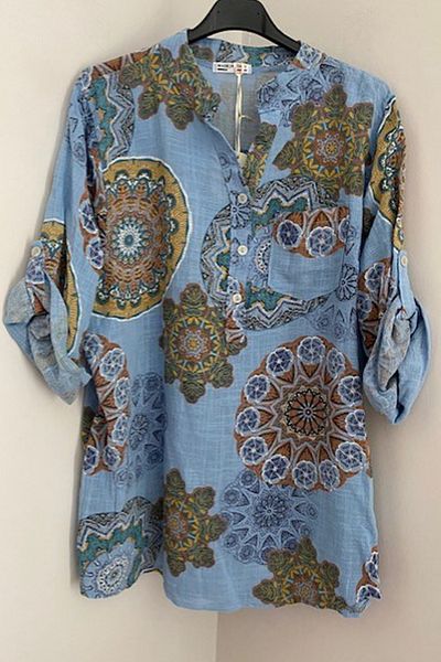 AYASOFYA OTANTIK Cămașă bluză din bumbac 100% din bumbac, cu mâneci orfane pliate, cu model mandala albastru indigo italian pentru femei