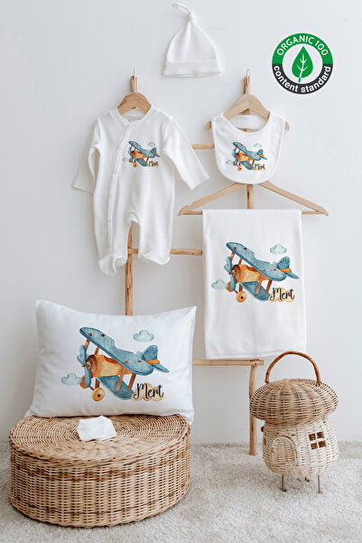 Lilabio %100 Organik Isme Özel Isimli 6lı Hastane Çıkışı Tulum Set Uçak