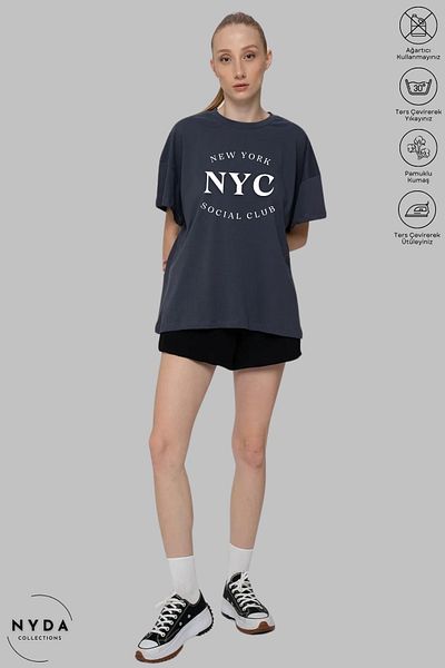 Nyda Collections Unisex Crew Neck New York NYC εμπριμέ βαμβακερό μπλουζάκι με κοντό μανίκι