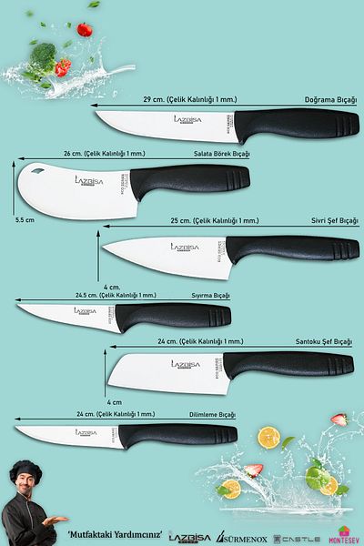 LAZBİSA Eco Series Kitchen Knife Set Meat Bread Vegetable Salad Pizza Dumpling Pita Chef Knife Set of 6