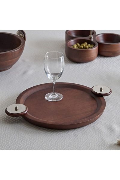 Home Box Obje Wooden Round Tray with Wheel Handle - 38 cm