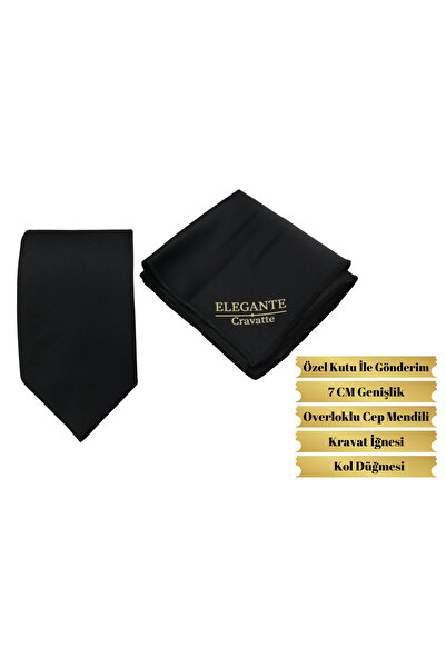 Elegante Cravatte Σετ μανικετόκουμπα και κλιπ γραβάτας σε μαύρο χρώμα με μονόχρωμο μαντήλι τσέπης