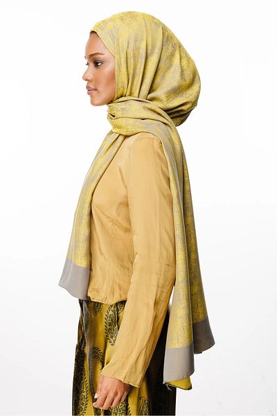 Mooncorn Mustard Karakul Run Shawl - Saharan Motif, Bushy Gray Color