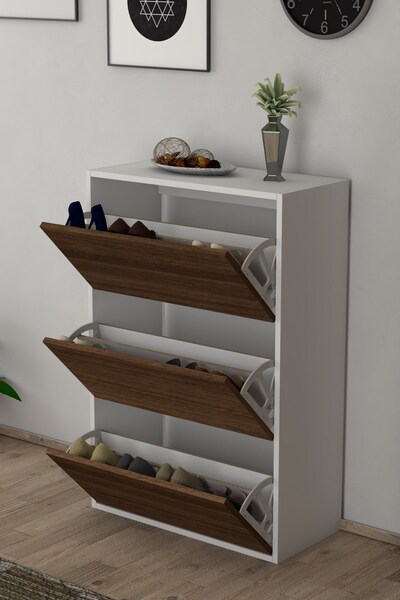 Moonlife 3 Kapaklı Kayar Raflı Ayakkabılık Ceviz