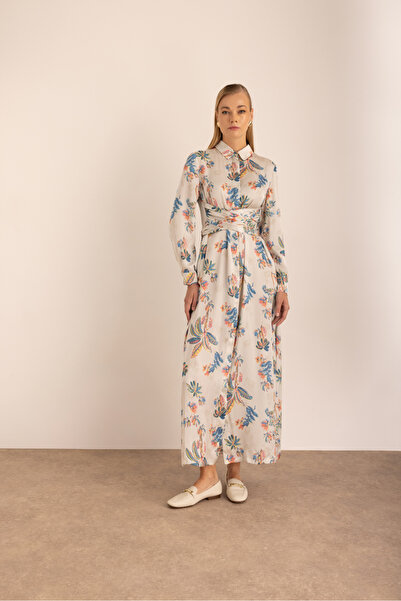 Aker Desenli Bağlama Detaylı Gömlek Elbise