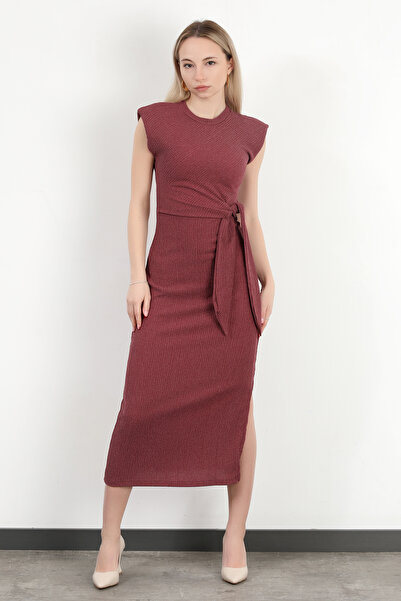 GİYSA Women's Lacing Detailed Padded Textured Dress Plum - Ms 0000577